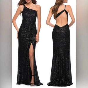 NWT La Femme Black Sequin One-Shoulder Gown Open Back Size 2